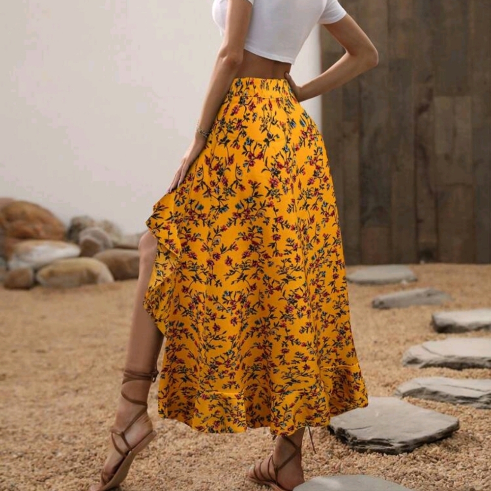 Floral Print Ruffle Trim Asymmetrical Hem Skirt,Ladies Boho Ruffle - Picture 4 of 4